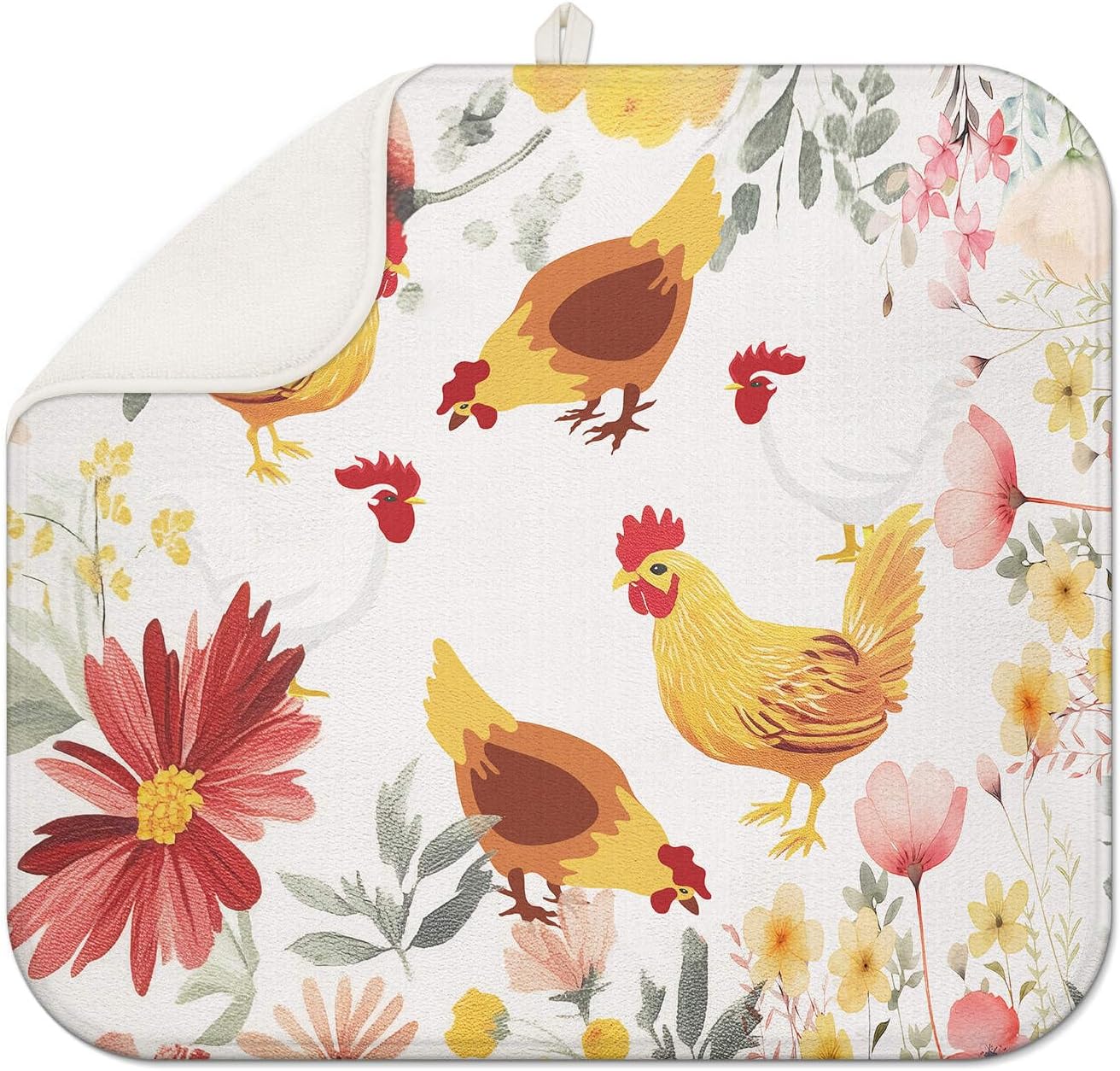 Chicken Large Dish Drying Mat for Kitchen Counter 16''x18''Microfiber Absorbent - Foldable, Quick-Dry, Non-Slip, & Compact Kitchen Drying Pad for Dishes, Countertops, and Cookware