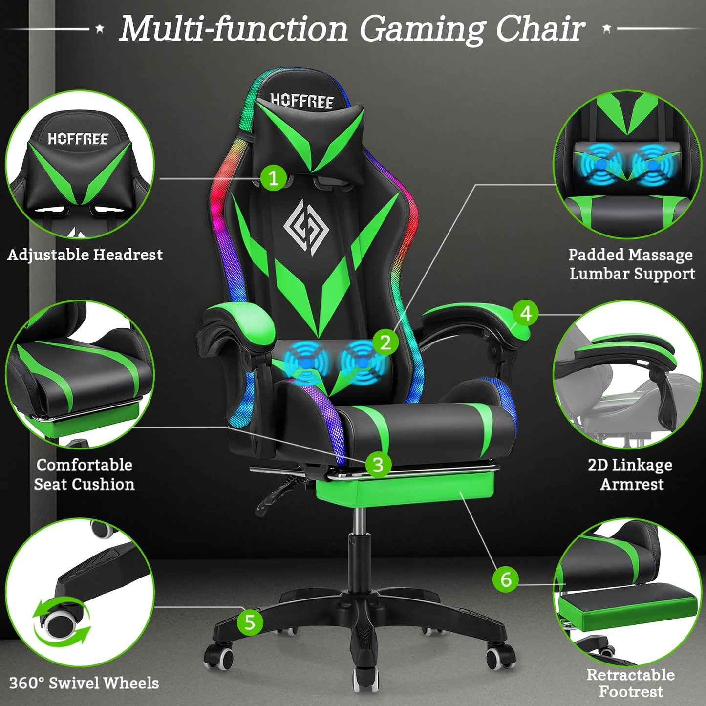 RGB Gaming Chair with LED Lights and Massage Ergonomic Computer Chair with Footrest High Back Video Game Chair with Adjustable Lumbar Support Linkage Armrest Green and Black