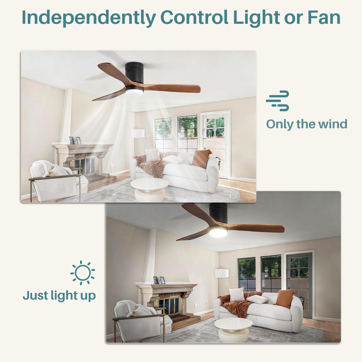 Sofucor Ceiling Fans with Lights 52 Inch Flush Mount Ceiling Fan with Remote Control, Wood Blades Modern Outdoor Ceiling Fans for Bedroom/Farmhouse/Patio/Indoor, Quiet DC Motor