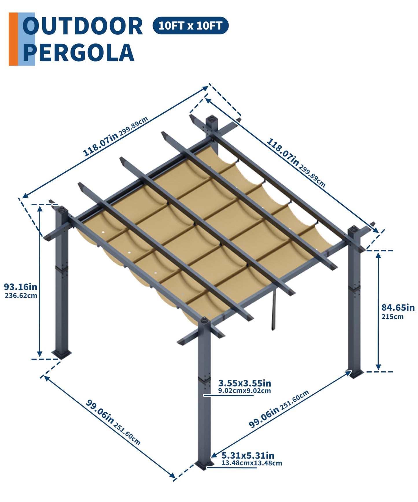 GarveeLife 10x10 ft Aluminum Pergola, Outdoor Metal Pergola with Adjustable Canopy, Reinforced Frame Outdoor Shelter for Backyard, Lawn and Deck - Khaki