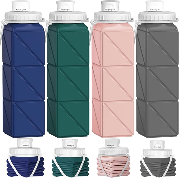 Popdigito 4pack Collapsible Water Bottles, 20.6oz Foldable Water Bottle BPA Free Reusable Lightweight LeakProof Travel Sil...