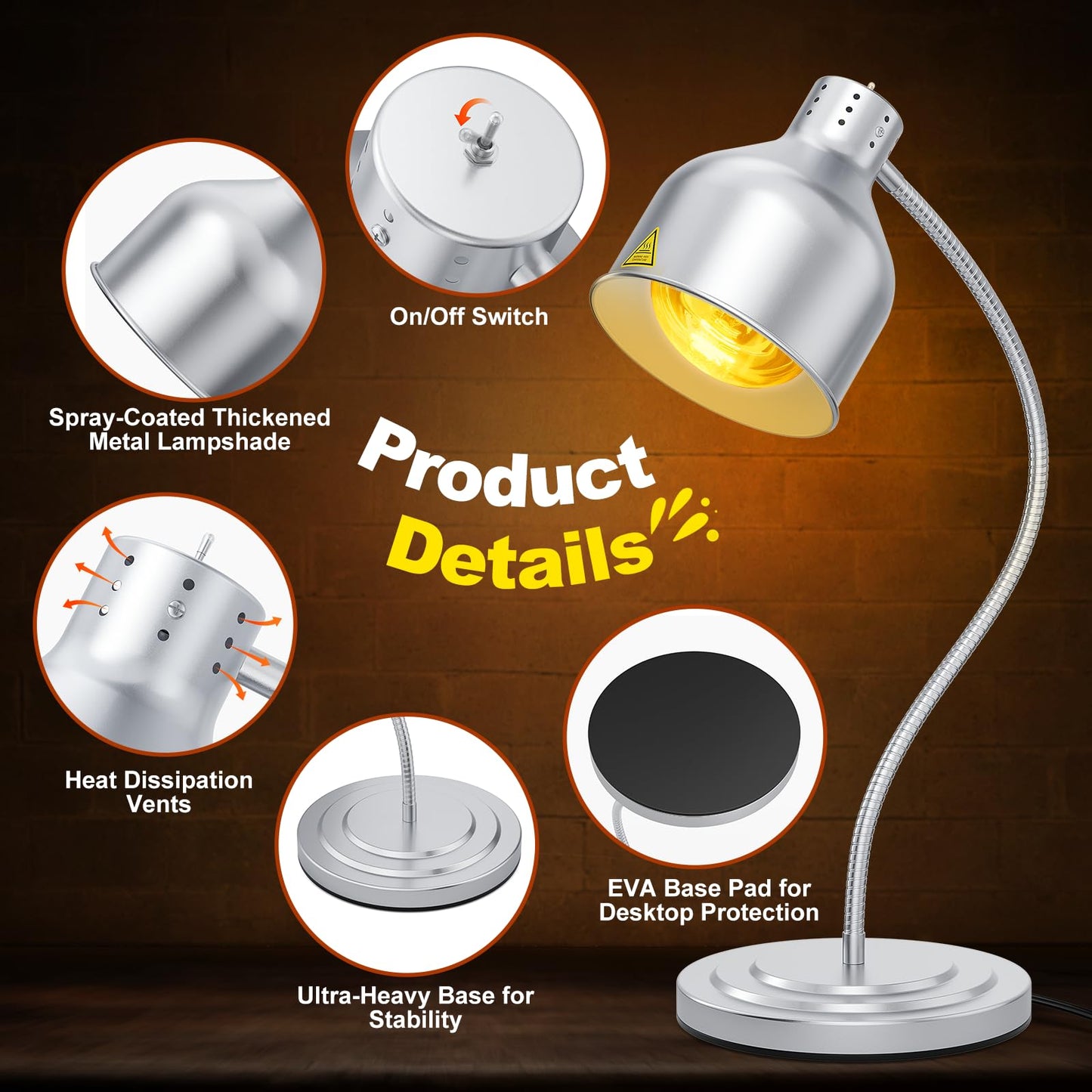BOEASTER Food Heat Lamp, Single Head 250W Stainless Steel Commercial Food Warmer Lamp with 2 Bulbs, 360° Adjustable Portable Electric Warming Light for Restaurant Kitchen Buffet Counter Party Catering