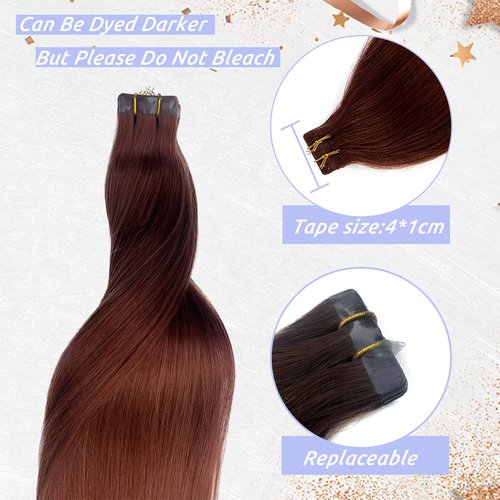 Dark Auburn Remy Tape in Hair Extensions Premium 100% Human Hair with Invisible Tape Attached Semi Permanent Hair Extensions 24Inch Silk Straight Human Hair Extensions 70grams for Girls/Women