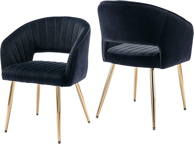 KCC Modern Accent Dining Chairs Set of 2, Velvet Upholstered Dining Room Chairs with Tufted Hollow Back, Gold Metal Legs for Living Room, Restaurant, Kitchen, Black