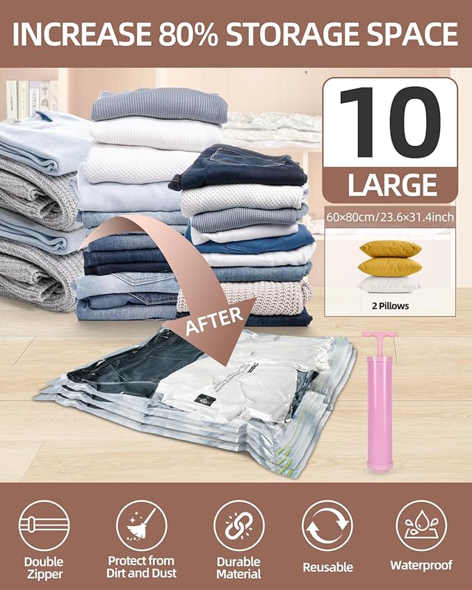 Vacuum Storage Bags, Vacuum Seal Bags for Foam Mattress,Clothing & Bedding, Space Saver Bags for Organization and Storage(10 Large)