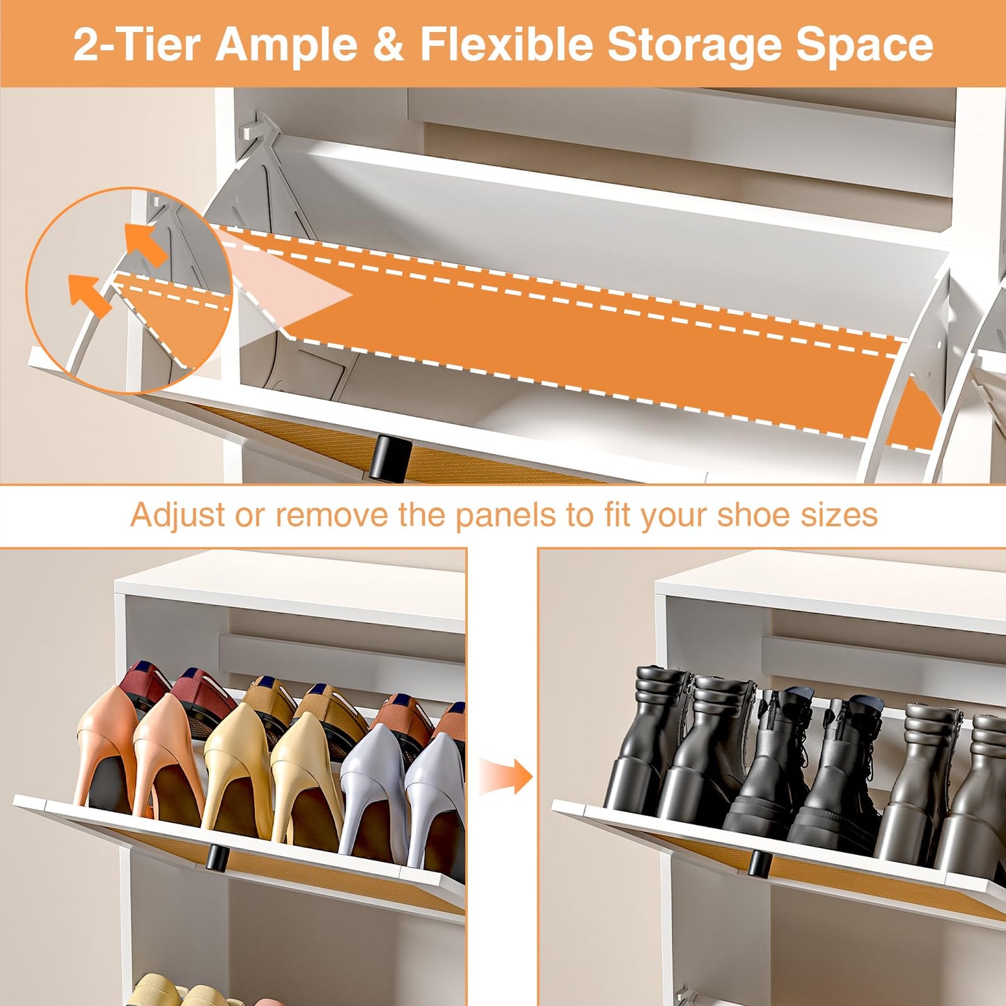 Skokliz Rattan Shoe Cabinet with 4 Flip Drawers, Farmhouse Hidden Shoe Storage Organizer Holds 16 Pairs of Shoes, 2-Tier Shoe Storage Cabinet for Entryway, Foyer, Hallway