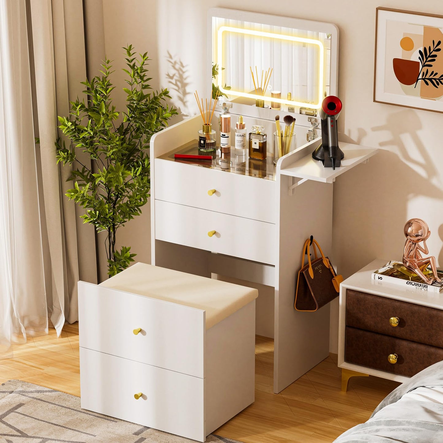 COMHOMA Makeup Vanity Desk with Mirror and Lights, Small 3 in 1 Vanity Table with Visible Glass Top, Flip Top & 3 Drawers, Compact Dresser with Storage Stool for Bedroom, Office or Nightstand