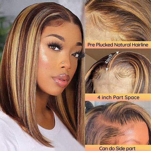 Superfect Highlight Lace Front Bob Wig Human Hair 16 Inch Ombre Honey Blonde 13x4 Hd Lace Front Wigs Human Hair Pre Plucked Middle Part 4/27 Colored Lace Frontal Wigs (Highlight 4/27, 16 Inch)