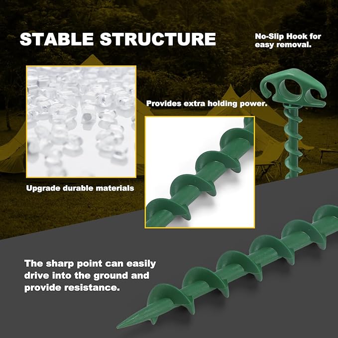 COBARYEN Tent Stakes Ground Anchors Screw in, 16 Pack Sand Stakes for Beach 9.4 Inch Heavy Duty Spiral Tent Pegs for Camping, Party, Hiking, Outdoor Decoration (16, Green)