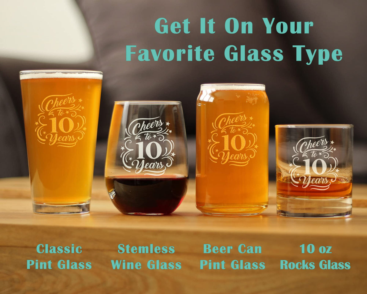 Bevvee Cheers to 10 Years - Whiskey Rocks Glass Gifts for Women & Men - 10th Anniversary Party Decor - 10.25 Oz Glass