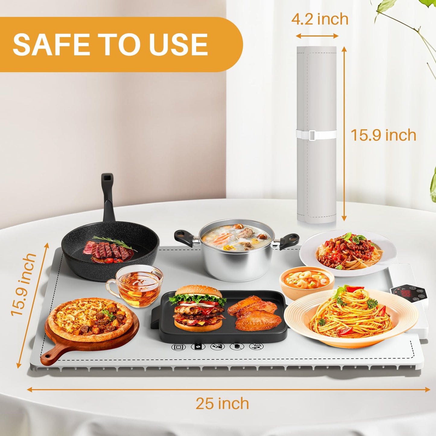 CJC Warming Mat for Food-Electric Warming Tray and Full Surface Heating,5 Temp Settings,4H Timer,Rollable Portable,24H Heating by Appointment,with 2M Cable,for Parties Gatherings Daily Use(White)