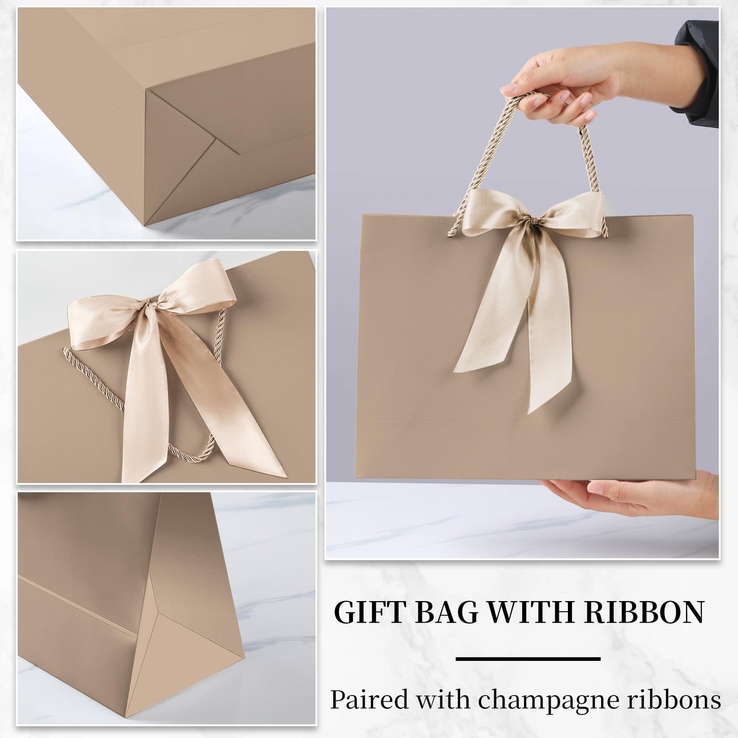 PASEOTA 12.6" Gift Bags Bulk, 10 Pcs Gift Bags with 20 Tissue Paper 10 Greeting Cards, Luxury Bag with Handles for Anniversary Wedding Birthday Christmas (Champagne)
