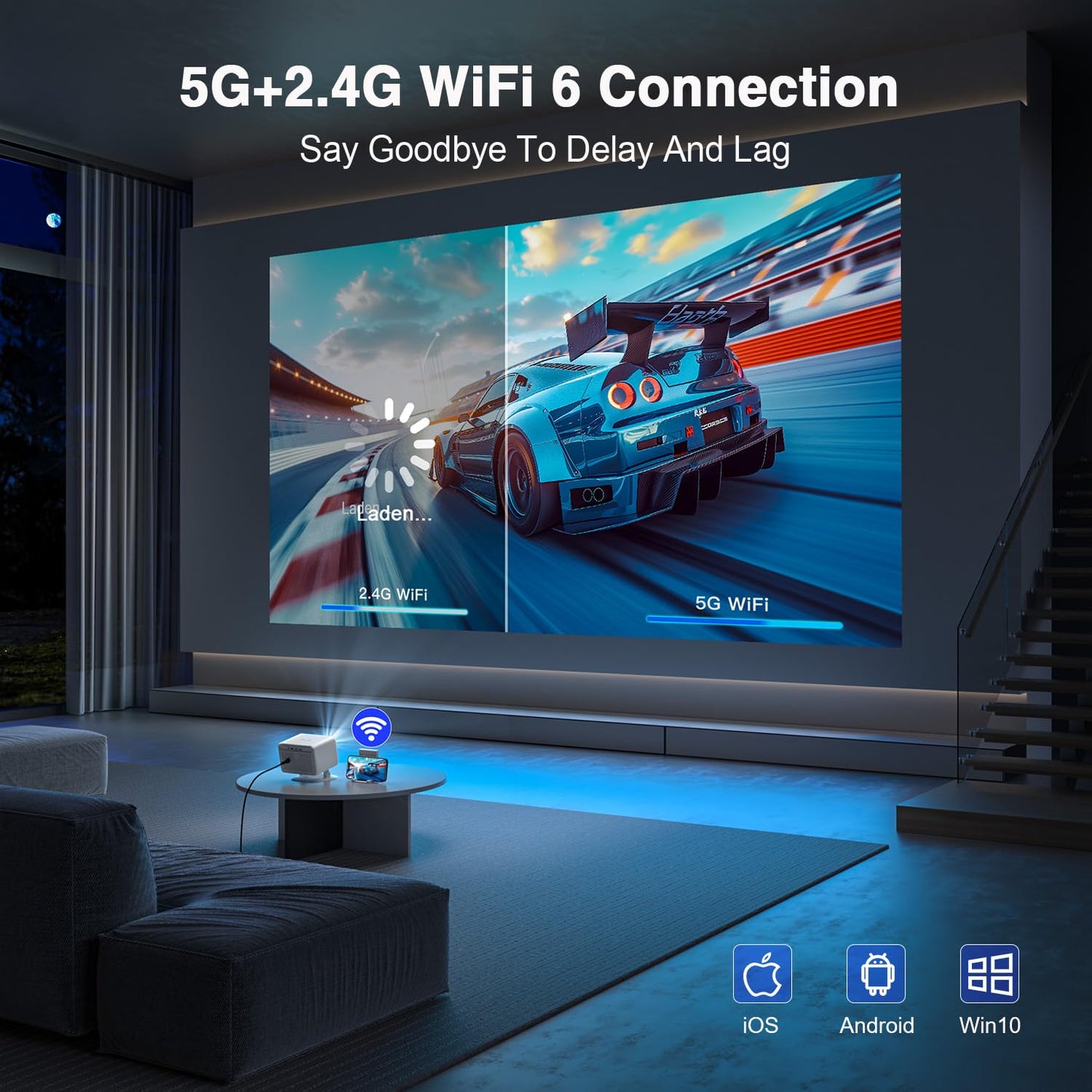 AuKing Projector,2025 Upgraded Projector with Wifi and Bluetooth, ±50° Vertical Keystone, FHD 1080P Movie Projector Compatible with HDMI/USB/AV/Smartphone/TV Box/Laptop