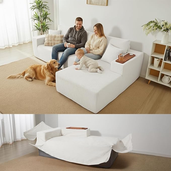 Modular Sectional Sofa Cloud Couch with Multi-Functional Armrests, Boneless Plush L-Shape Living Room Couch with Deep Seat, Fluffy Comfy Sleeper Sofa Easy Assembly (Beige, Left Chaise)