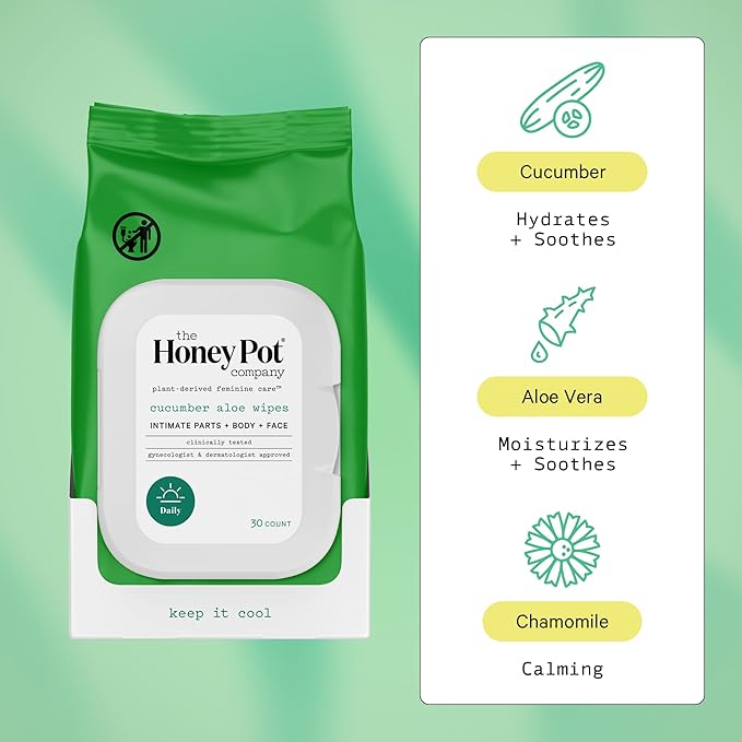 The Honey Pot Company - Feminine Wipes - Daily PH Balancing, Fragrance & Sulfate Free Wipes for Intimate Parts, Body, or Face - Hygiene Products - Cucumber Aloe 30 ct.