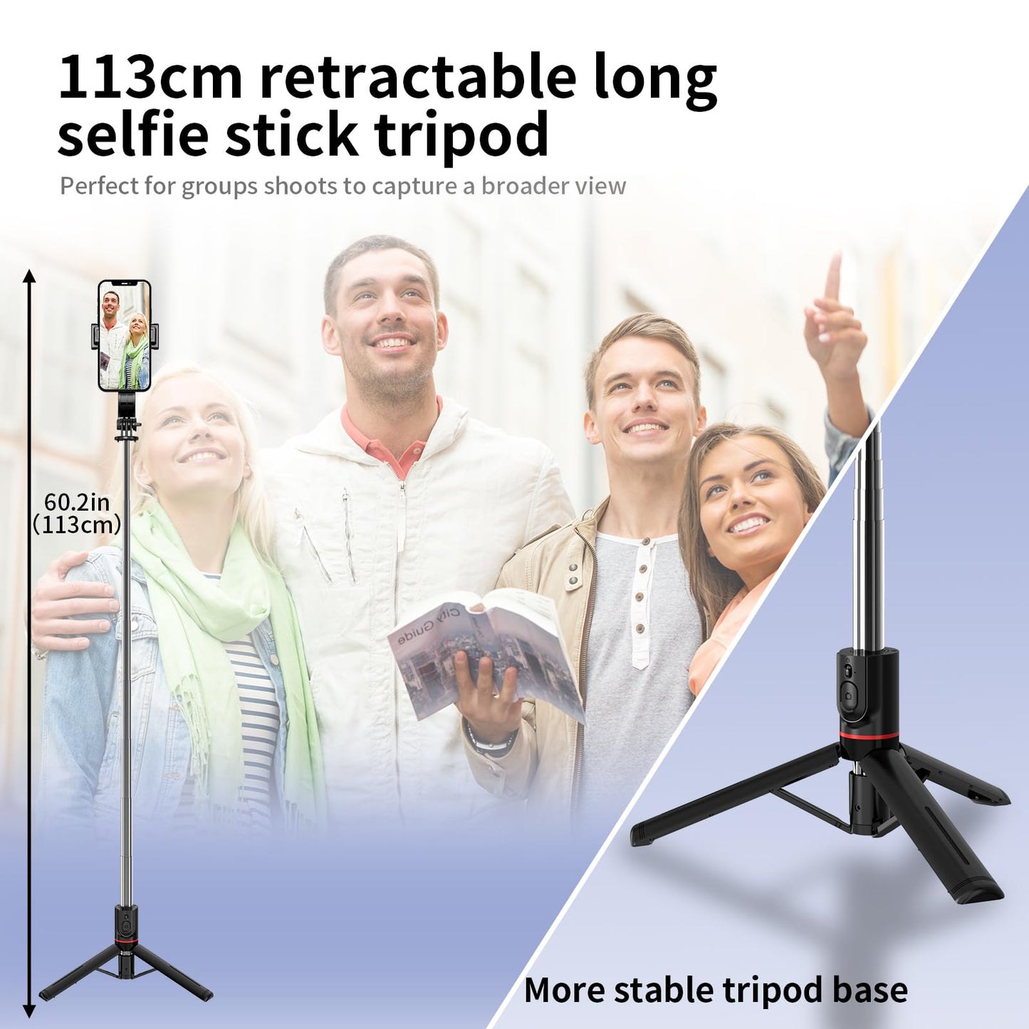 Selfie Stick Tripod, 44 Extendable, 360 Rotatable, Wireless Remote, Detachable Phone Holder, Lightweight & Portable, Compatible
