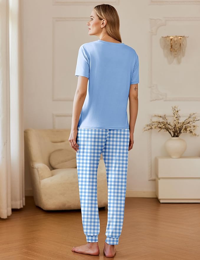 Ekouaer Pajamas for Women Set 2 Pack Lounge Set Short Sleeve Pjs Joggers Long Pants Loungepwear with Pockets