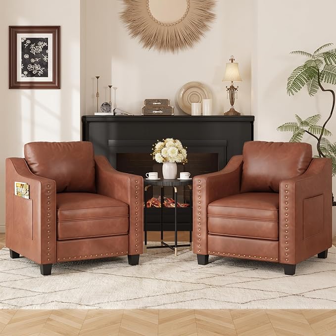 FiveWillowise Faux Leather Accent Chair Set of 2 for Living Room, 30 Inches Barrel Upholstered Armchair, Cozy Mid Century Modern Club Arm Chair Single Sofa for Bedroom, Apartment, Reading Room, Brown