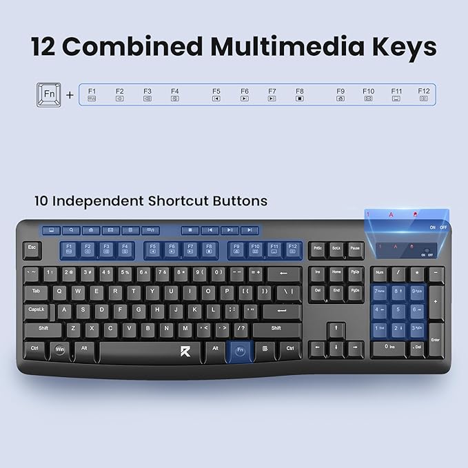 Redragon Wireless Keyboard and Mouse Combo, 2.4G Full-Sized Ergonomic Computer Keyboard with 5 Level DPI Adjustable Wireless Mouse, for Windows, Mac OS Desktop/Laptop/PC, BS-7367-A