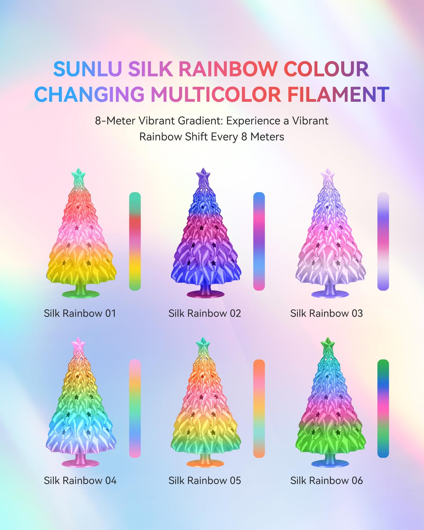 SUNLU Silk Rainbow PLA Filament 1.75mm, Multicolor Gradient 3D Filament, Neatly Wound Shiny Silk 3D Printer Filament, Dimensional Accuracy +/-0.02mm, 1KG Spool(2.2 lbs), Rainbow Silk 04