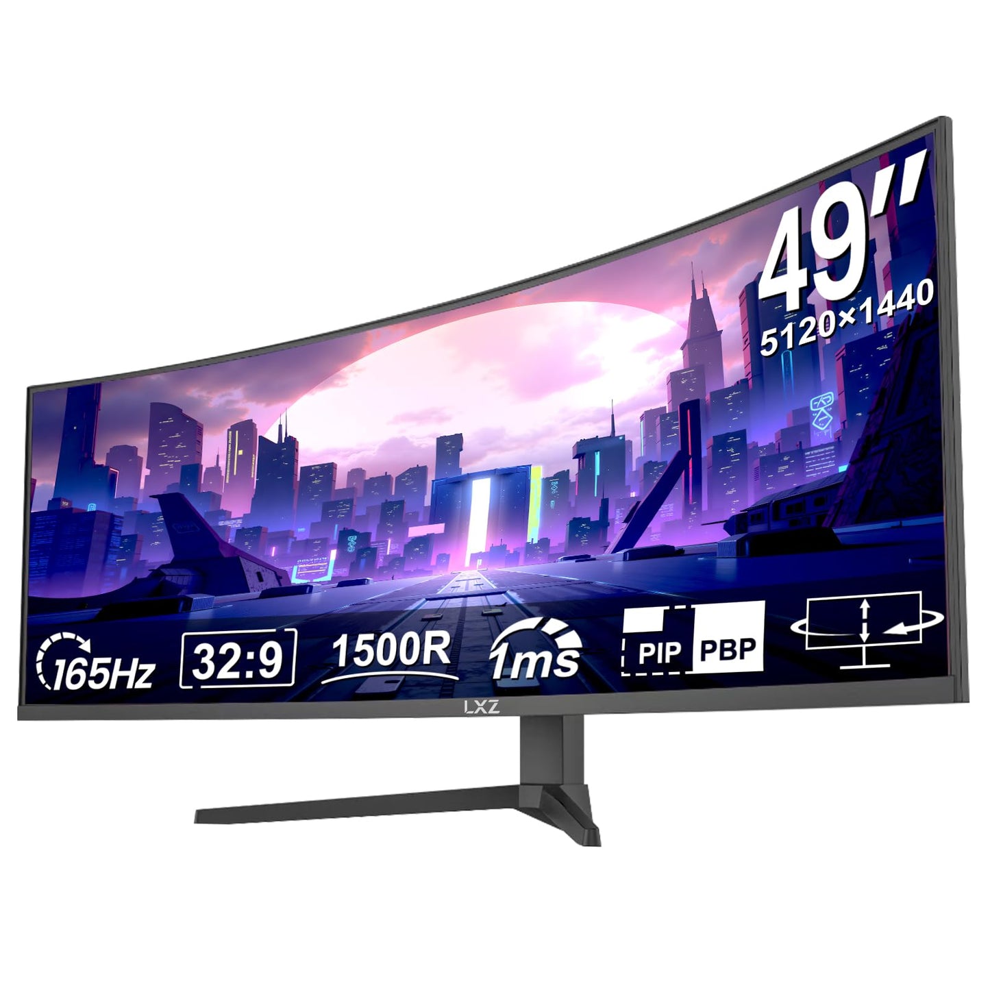 LXZ 49.5" Curved Gaming Monitor, 5120x1440 DQHD Ultrawide 32:9, 165Hz, 1ms MPRT, AMD FreeSync Premium, Height/Pivot/Swivel Adjustable, HDMI 2.1 & DP 1.4, VESA 75×75mm Mount Compatible