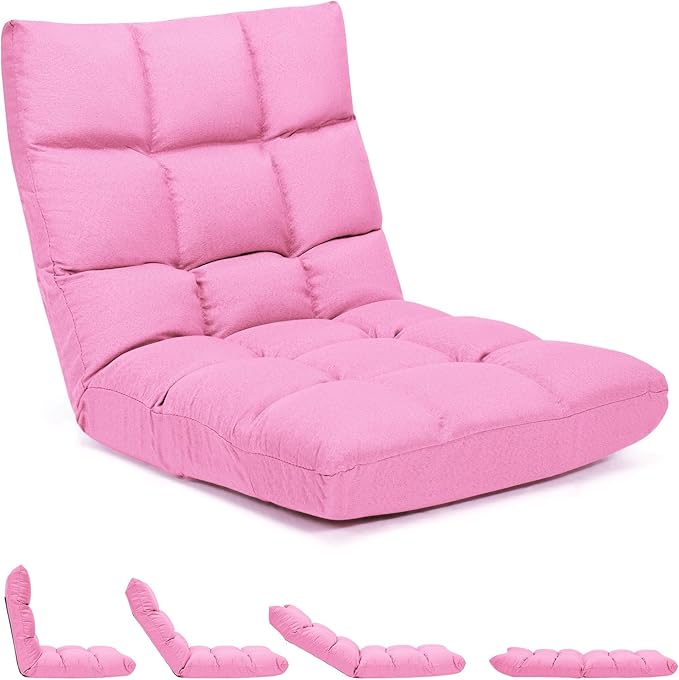 GORELAX Floor Chair with Back Support, 14-Poistion Adjustable Folding Gaming Chair Recliner, Meditation Chair with Steel Frame, Padded Lazy Sofa Chair for Adults, Kids (Pink)