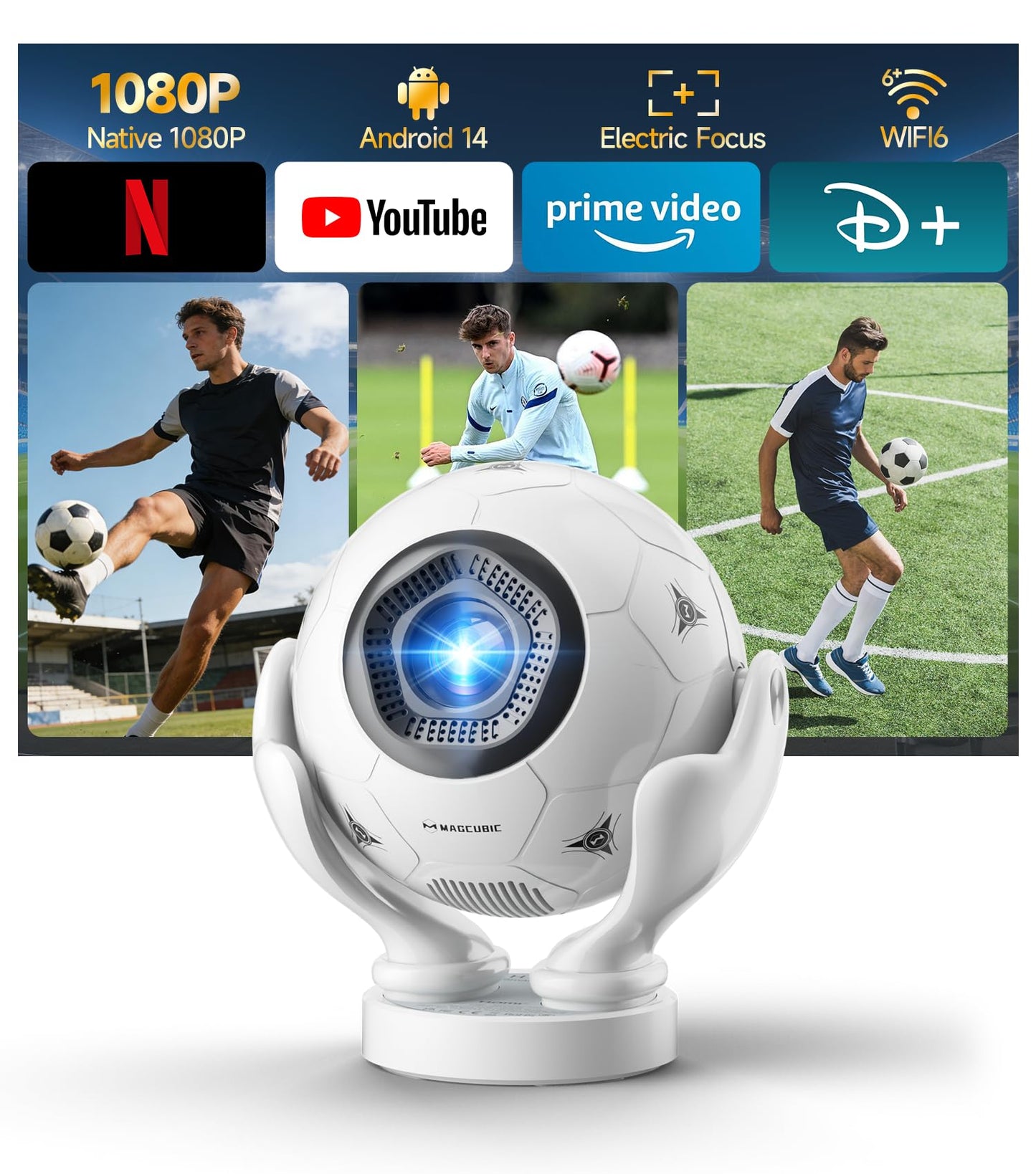 Magcubic HY320F Soccer Projector, Native 1080P 4K Support, WiFi 6 Bluetooth 5.4, 400 ANSI, Android 14, Electric Focus Short Throw, Portable Mini Projector for 2026 World Cup Home Theater Outdoor