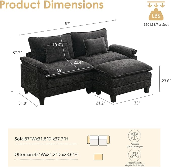 URRED Cloud Couch Modular Sectional Sofa, 87" Modern L Shaped Deep Seat Sofa with Ottoman & Pillows, Ultra Comfy Chenille Couches for Living Room, Bedroom or Apartment, Black