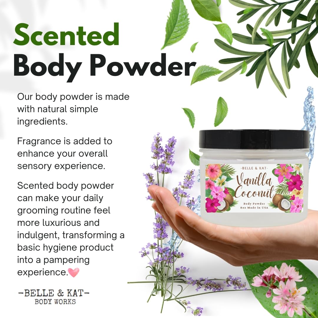 Body Powder for Men & Women Scented Vanilla Coconut, Bath Perfume Dusting Powder with Fragrance & Essential Oils, Talc Free 8oz Container, Made in USA