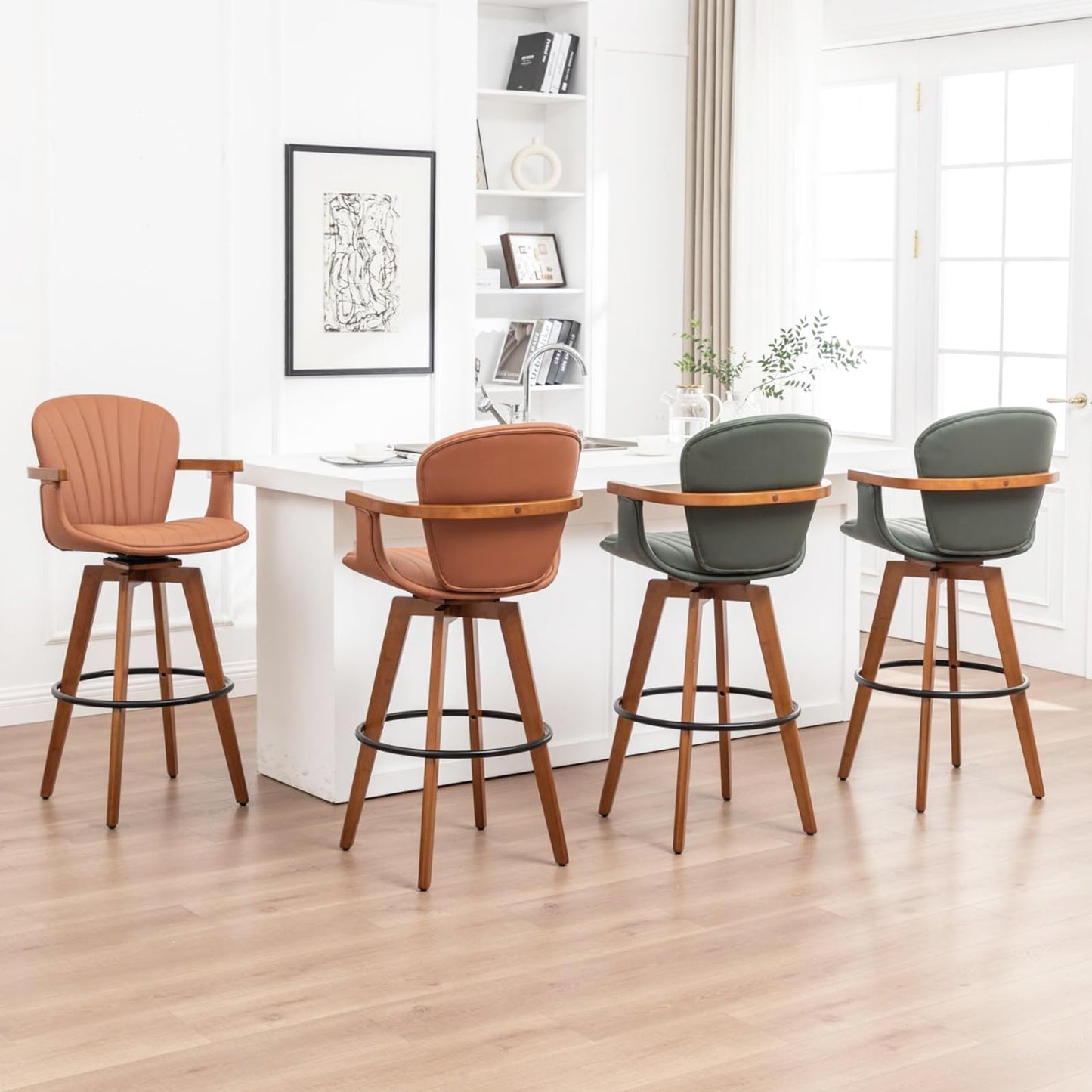 LUNLING 30” Bar Height Stools,Mid Century Modern Bar Stool,Orange PU Leather Kitchen Island Stools,Wood High Barstools Swivel with Back and Arms for Home Bar Furniture,1PCS