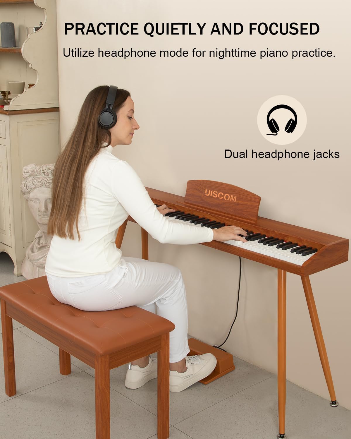UISCOM Digital Piano Keyboard 88 Key Semi-Weighted for Beginners,Full Size Electric Piano with Stand,Triple Pedal,Adapter,Sheet Music Stand,Headphone,USB-MIDI Compatible,Wood Brown