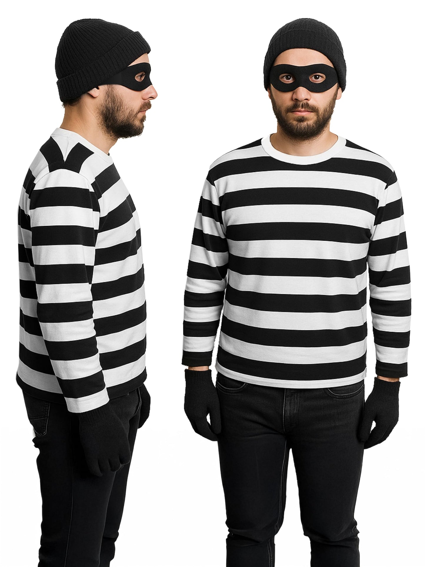 QZYL Robber Costume Set, XL Unisex Thief Cosplay T Shirt Beanie Cap Gloves Eye Masks Money Bags for Halloween