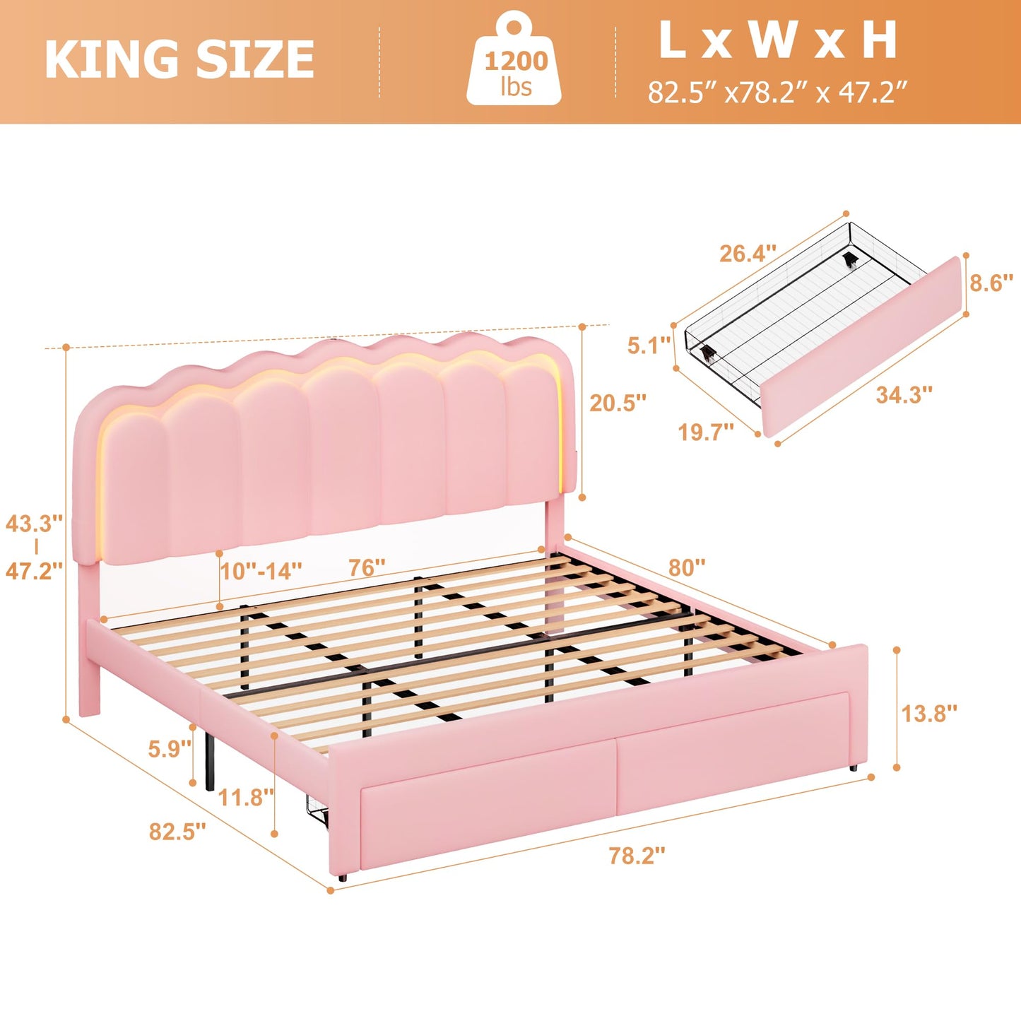 Velvet Upholstered King LED Bed Frame with 2 Storage Drawers and Adjustable Chic Double Wavy Headboard, Princess Platform Bed with Charing Station, Solid Wood Slats Support,No Box Spring Needed,Pink