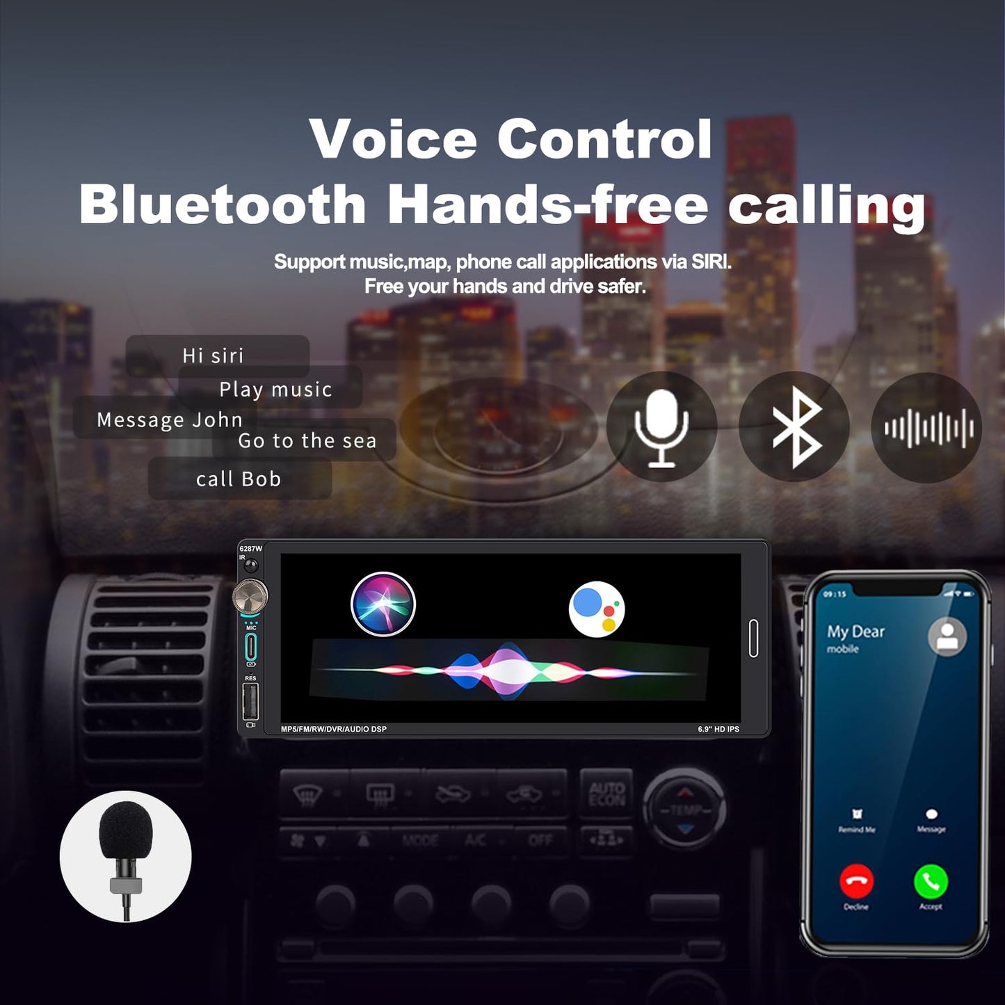 Alondy Single Din Car Touchscreen Radio (6.9-Inch) Compatible With [Wireless] Apple Carplay Android Auto Car Stereo Bluetooth Us