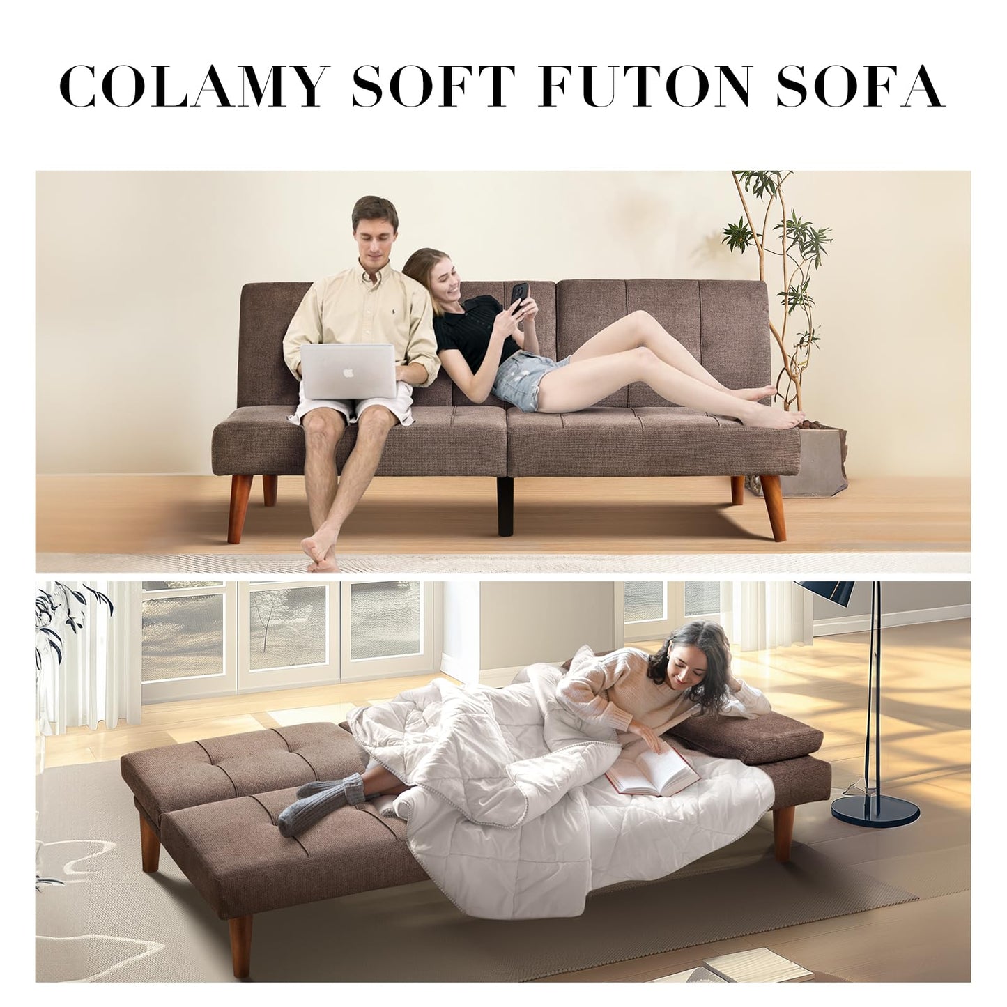 COLAMY Futon Sofa Bed-Fabric Small Couch, Lounge Convertible with 2 Cup Holders, Removable Soft Armrest, Adjustable Backrest for Dorm/Bedroom/College