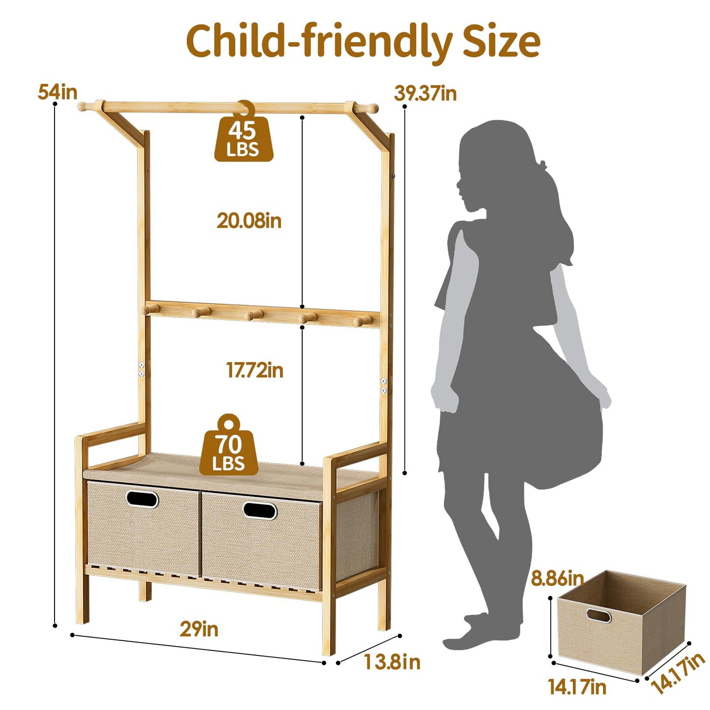 Luxspire Kids Clothing Rack, Bamboo Dress up Storage with 5 Hanging Hooks & 2 Drawers, Small Clothes Garment Rack Toddlers Kids Clothes Organizer for Bedroom Playroom, Burlywood