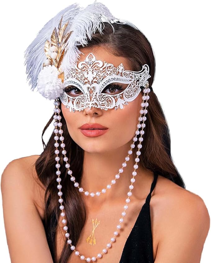 Campsis White Masquerade Mask, Feather Masquerade Ball Mask, Venetian Party Masks for Women
