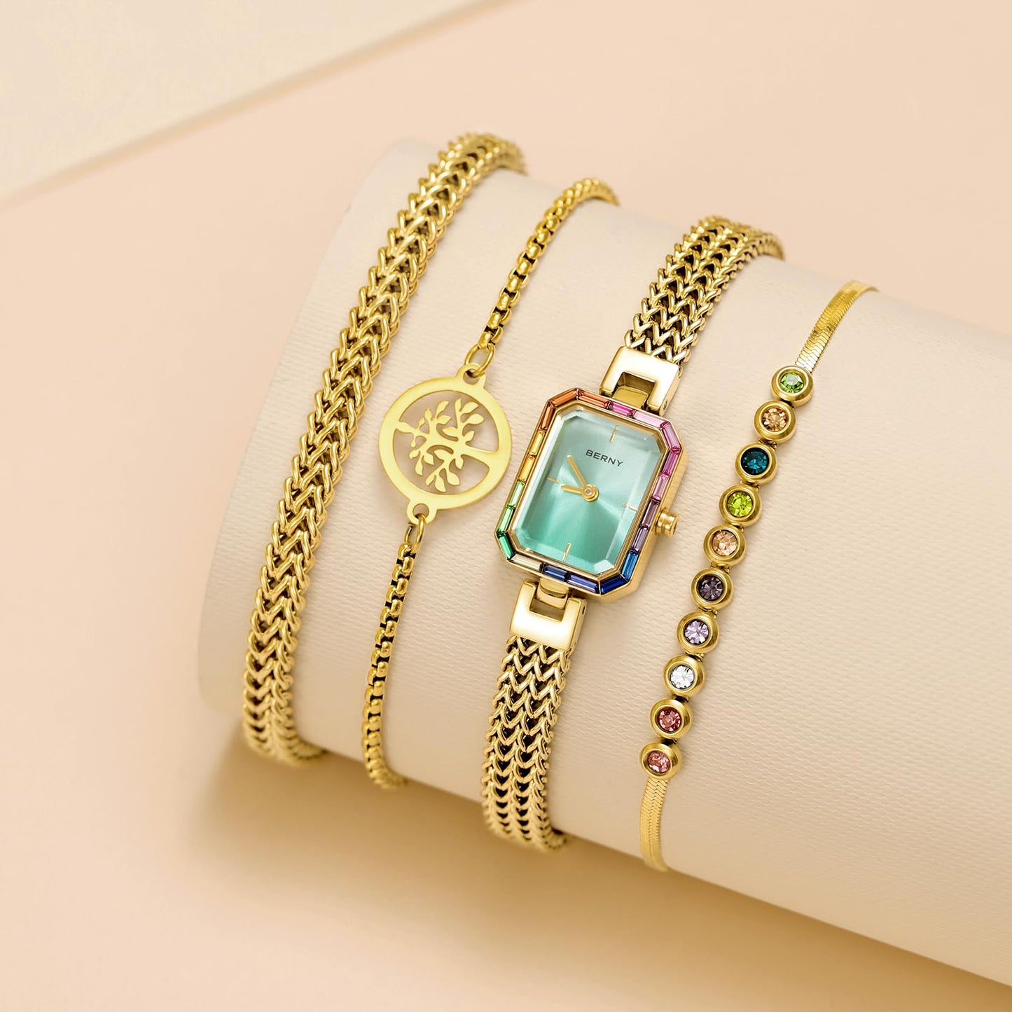 BERNY Gold Watches for Women Dainty Quartz Bracelet Watch Ladies Wrist Watch and Bracelet Set Coloured Stones Accented Fashion Luxury Birthday Gifts for Women-Glacier Blue Dial