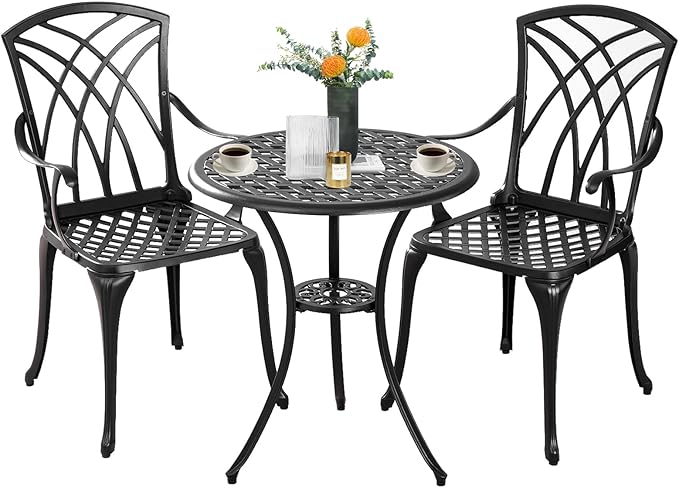 Withniture Bistro Set 3 Piece Outdoor,Cast Aluminum Outdoor Bistro Set,All Weather Bistro Table and Chairs Set of 2 with 1.97" Umbrella Hole,Patio Bistro Sets for Garden(Woven Black)