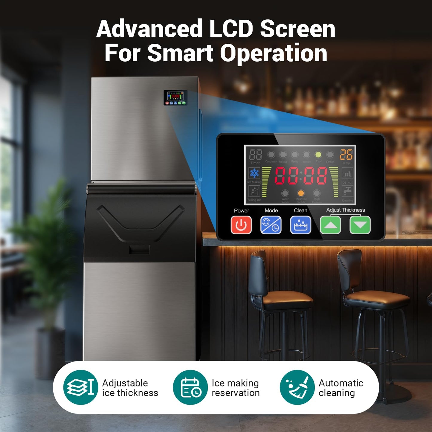 Commercial Ice Maker Machine 550LBS/24H, 30 Adjustable Ice Thicknesses, Industrial Ice Machine with 350lbs Storage Bin, 5-15 Minutes Fast Ice Making, Cube Ice Maker for Commercial & Home
