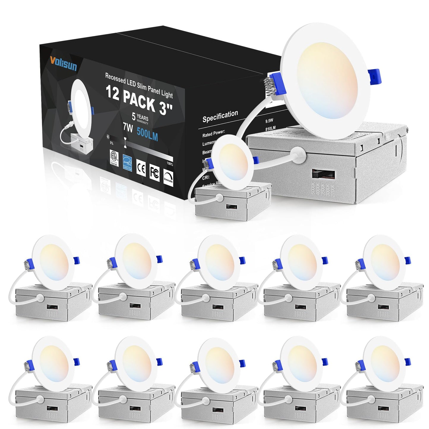 VOLISUN 12 Pack 3 inch Recessed Lighting, 5CCT LED Recessed Light with Junction Box, 2700K-5000K Selectable, Dimmable Canless Wafer Downlight, LED Ceiling Light ETL Certificated