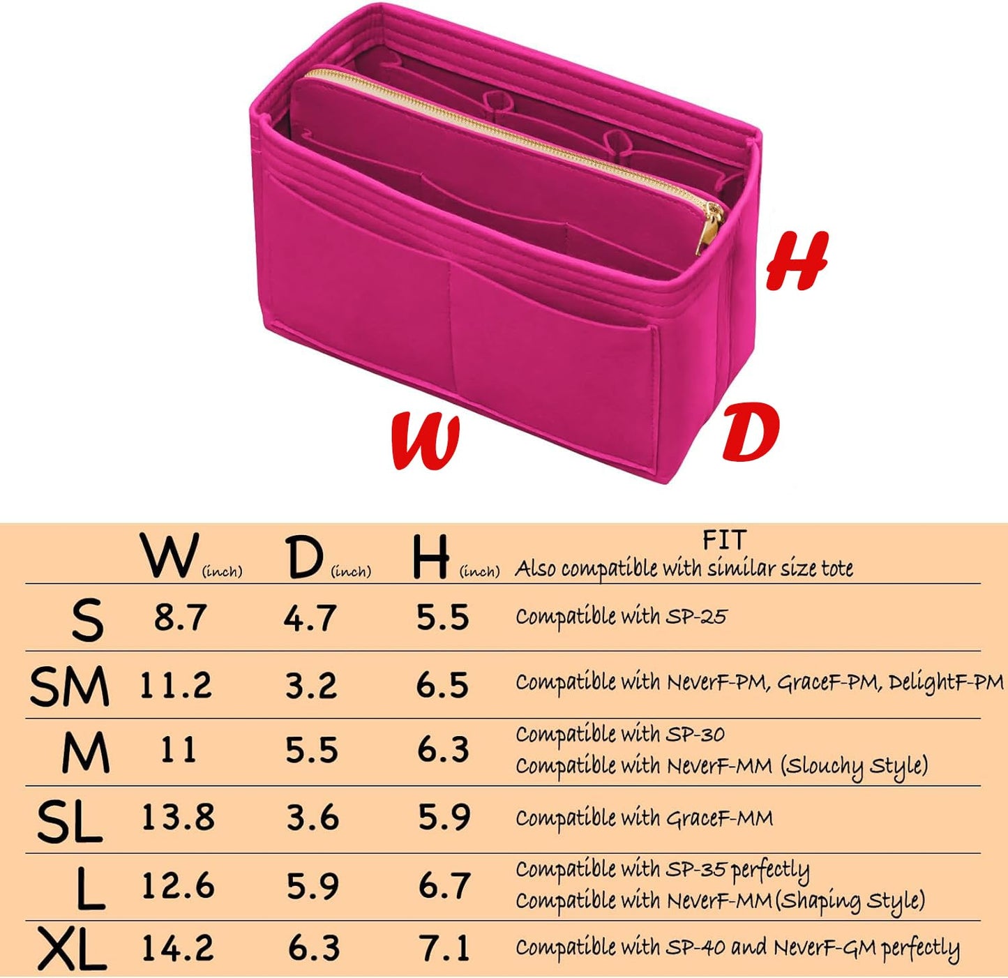 DailyPlus Handbag Organizer with Zipper Felt Handbag Organizer Handbag in Bag with Keychain for Tote Handbag Pink Medium