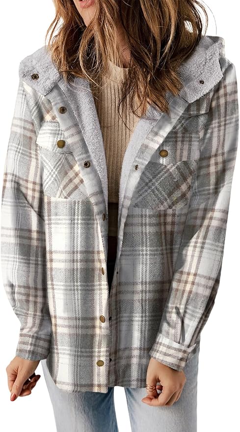 Dokotoo Womens Plaid Shacket Jacket Long Sleeve Button Down Fleece Hooded Jackets Warm Coat