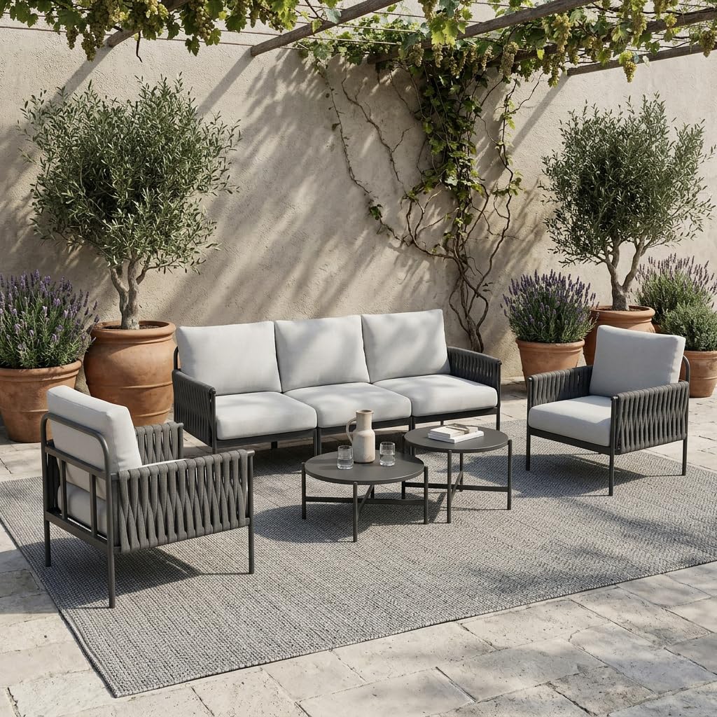 Pamapic 7-Piece Woven Rope Outdoor Furniture Set, Iron Frame Patio Conversation Set with Thick Cushions & 2 Coffee Tables, All-Weather Sectional Patio Furniture Set for Backyard, Porch, Grey
