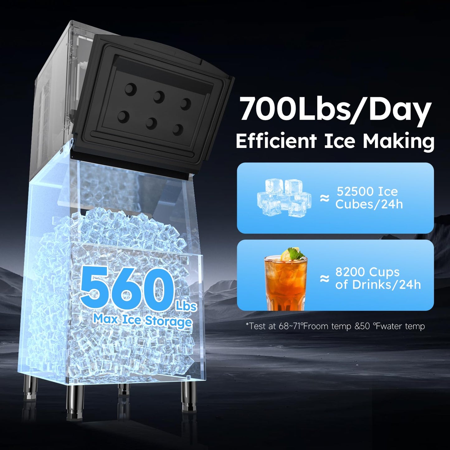 Commercial Ice Machine 700LBS/24H,Storage 560LBS,Large Industrial Ice Maker,Ice Ready in 5-15min,with Self-Cleaning Mode,with Timing Function,10 Levels of Ice Thickness Adjustment,Stainless Steel