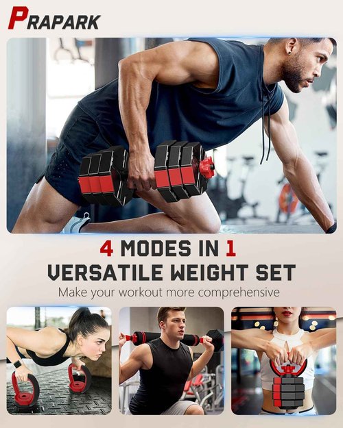 Prapark 4-in-1 Adjustable Dumbbell Set – Octagonal Anti-Roll Design, Non-Slip Grip, Versatile Weights with Barbell, Kettlebell, Push-Up Options – Home Gym Fitness Equipment for Men & Women (22 LB)