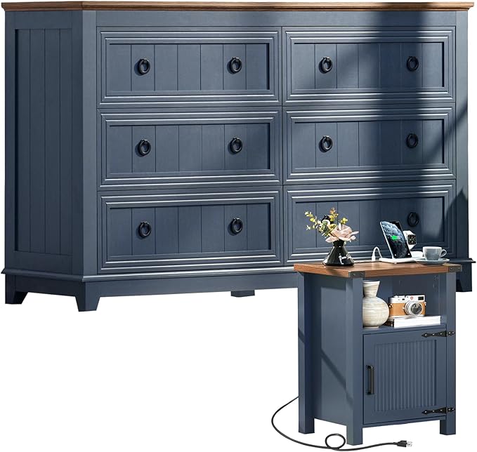 Joaxswe Dresser and Nightstand Sets, Farmhouse Furniture Set 6 Drawers Dressers for Bedroom and 18" Night Stand with Charging Station, 54" Dresser and Nightstand Set for Bedroom, Living Room