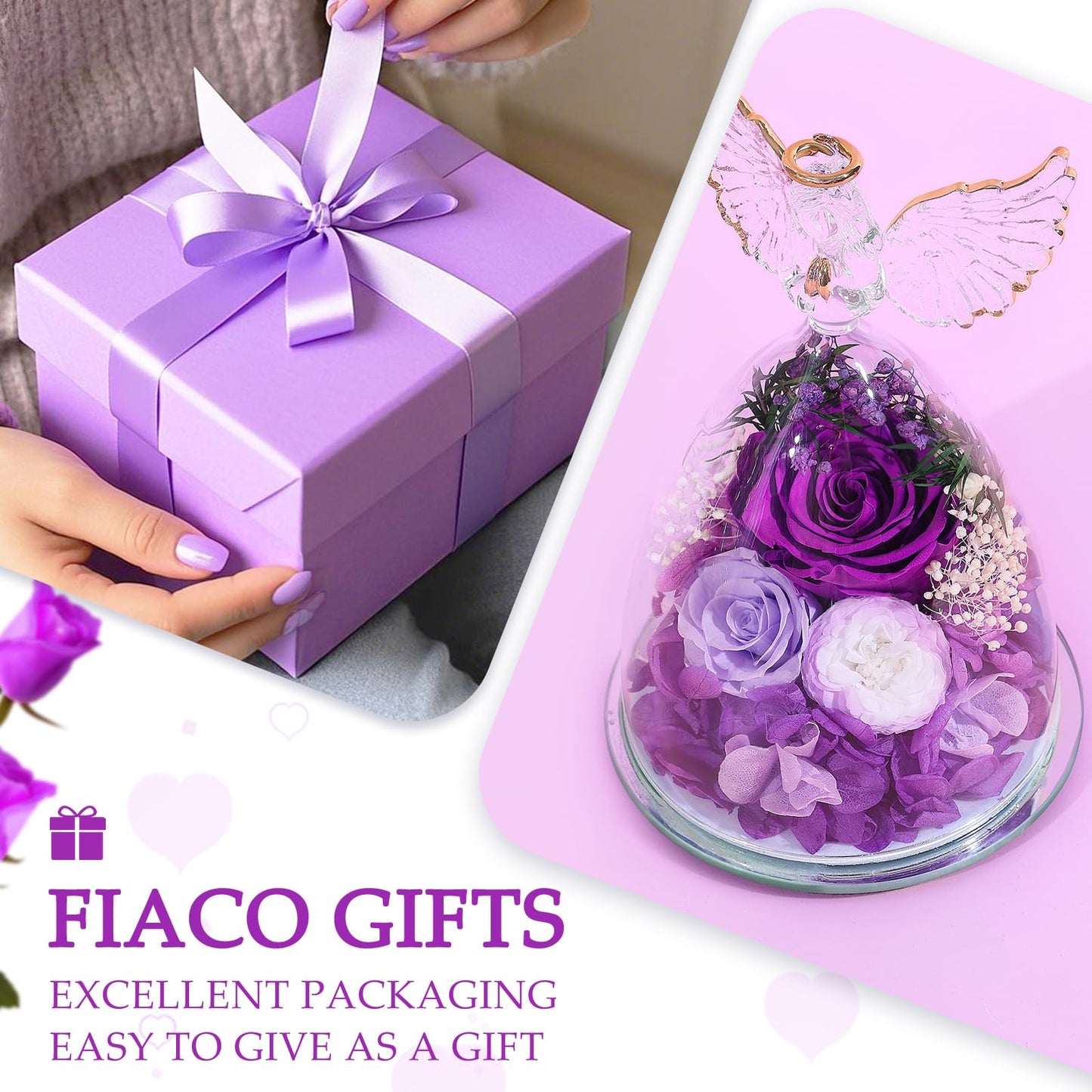 FIACO Gifts for Women Mom Preserved Rose Forever Flower in Glass Angel Figurine Fresh Flowers for Delivery Prime Birthday Gifts for Grandma Wife Sister Christmas Anniversary Eternal Purple Roses