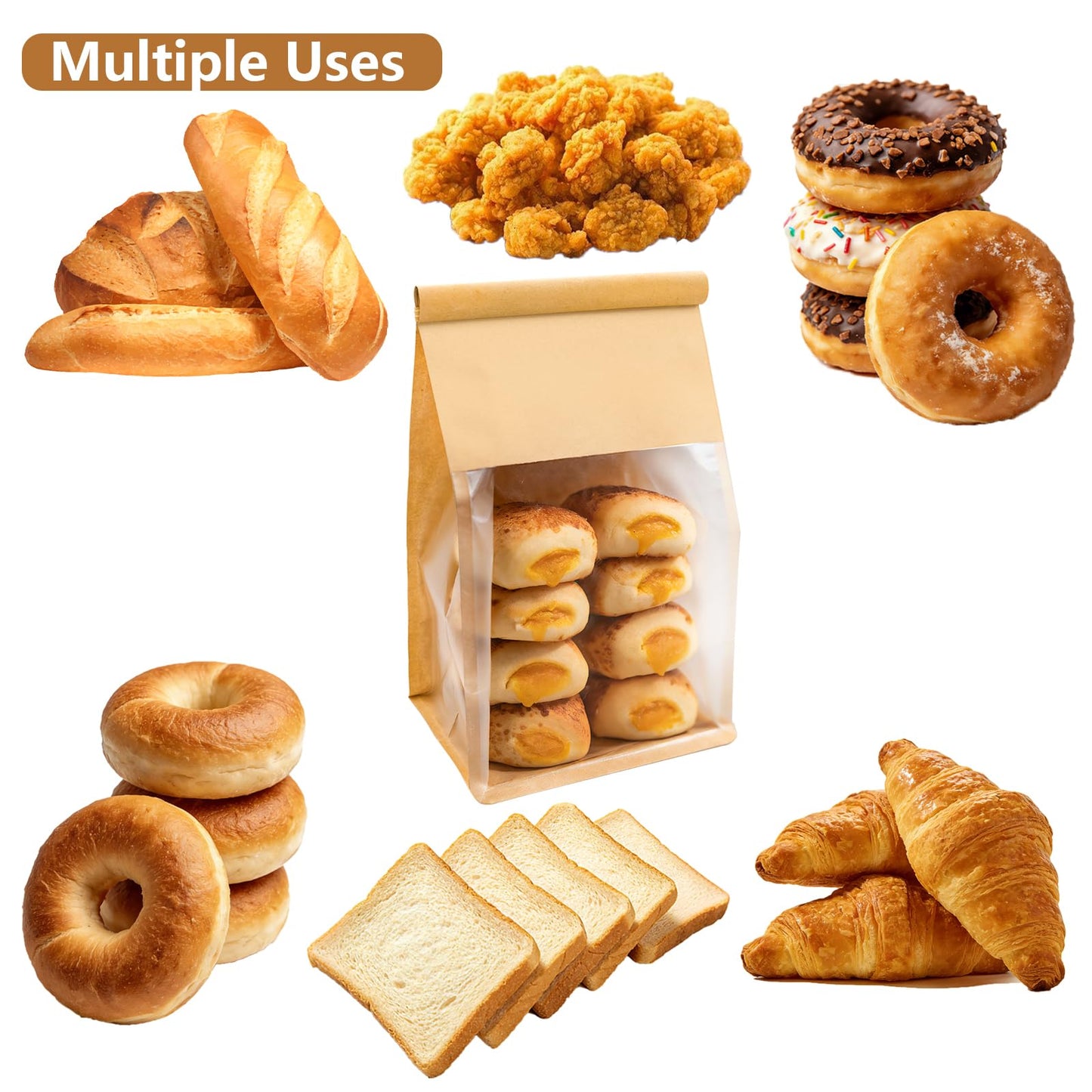 50 PCS Bread Bags for Homemade Breads, 11x5.1x3.9 Inch Resealable Cookie Bags with Tin Tie Tab Lock, Paper Bakery Bag with Window for Packaging Bagels, Muffin, Scone, Brownie, Baked Goods Storage