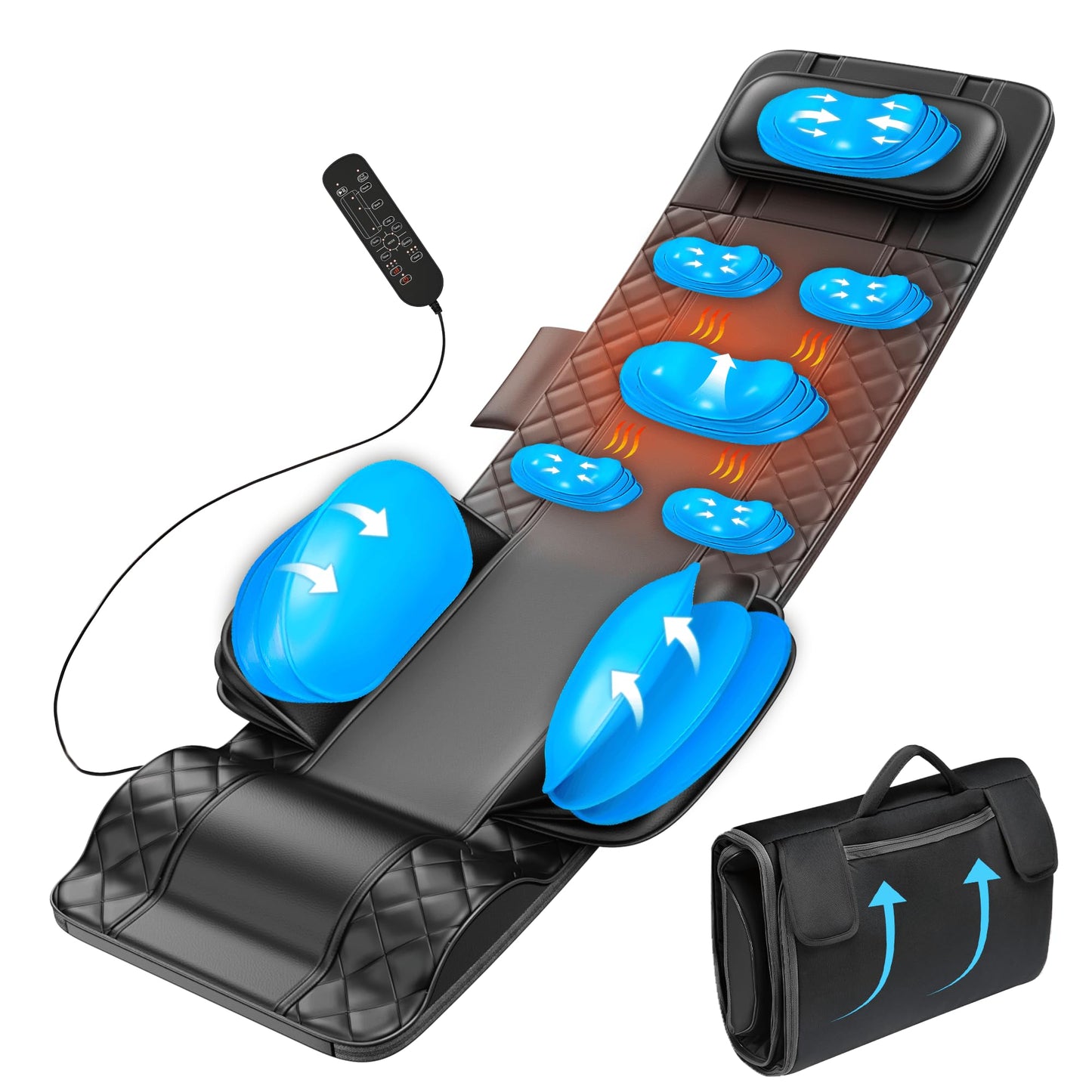 Full Body Massage Mat with Heat, 3D Stretching Back Massager Pad for Bed Sofa Floor, Lumbar & Neck Support, 4 Modes 3 Intensities 3 Heat Levels, Portable & Foldable, PU Leather, Gifts for Mom Dad